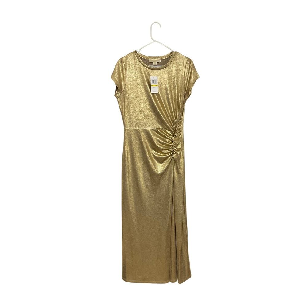 NWT! Michael Kors Gold Metallic Short-Sleeve Ruched Gown Maxi Dress Sz Medium